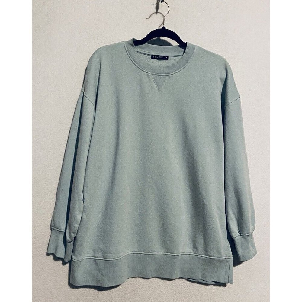 Zara Sweatshirt Womens Medium Light Blue Crew Neck Pullover Slouchy Chunky Boho